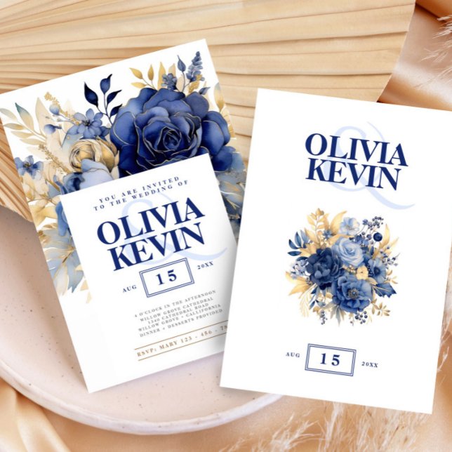 Vattenfärg för marin blå blommigt och guld elegant inbjudningar (Navy Blue & Gold Wedding Floral Watercolor Elegant Invitation, Floral Save The Date Cards)