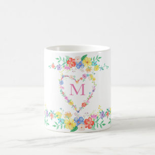 vattenfärg för monogram för vår blommorblommig kaffemugg