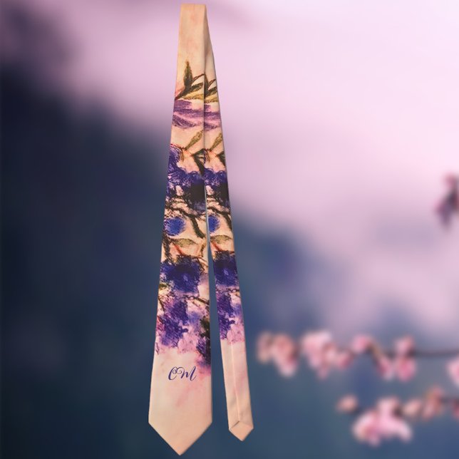 Vattenfärg för Monogram marin lila-blommigt med bl Slips (Skapare uppladdad)