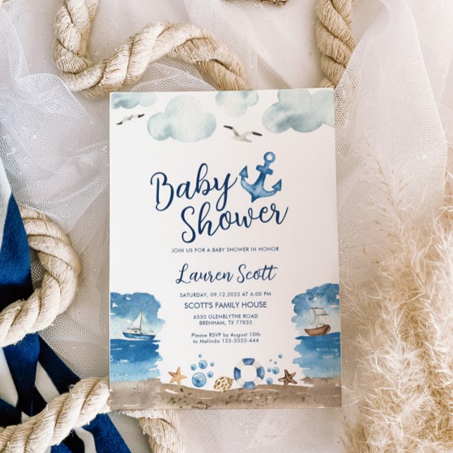 Vattenfärg för Nautical Baby Shower-inbjudan Inbjudningar (Skapare uppladdad)