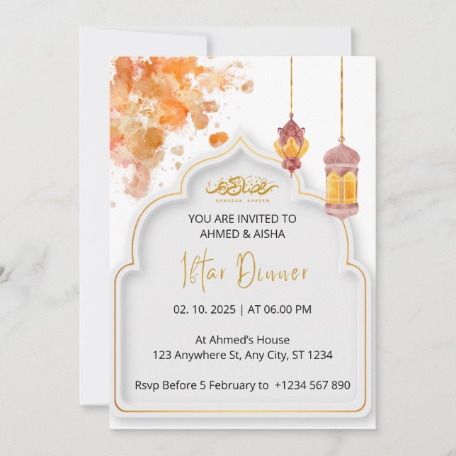 Vattenfärg för orange av raadan-middagsinbjudan inbjudningar (Framsida)