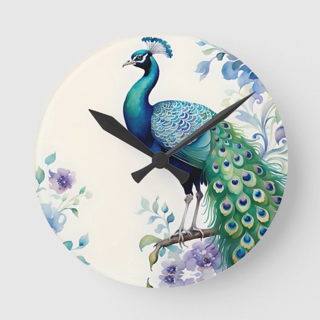 Vattenfärg för Peacock blommigt Rund Klocka (Framsida)
