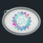 Vattenfärg för symbol för OM AUM för<br><div class="desc">* För symbollotusblomma för OM AUM en Mandala för vattenfärg på en vitbakgrundsoval formar bältet spänner fast. Mandalafärgerna är turkos, lila deppigheter och pinks* Notera: Du kan skräddarsy texten. Här för dig är en slående härlig ny lutad ned slå design för ålder metaphysically spiritually troligen som inspirerar meditation- och lugnbegrundande....</div>