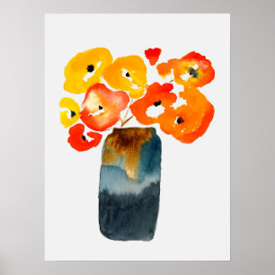 Vattenfärg för vallmoblommor i orange poster