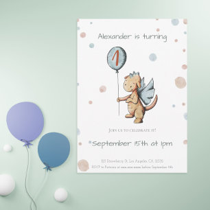 Vattenfärg Första födelsedag Dragon med Balloon Inbjudningar