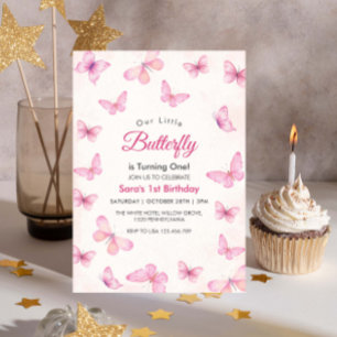 Vattenfärg första födelsedag Glitter Butterflies Inbjudningar