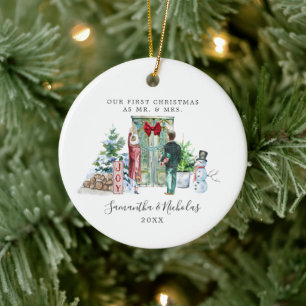 Vattenfärg Första jul som Mr. Och Mrs. Julgransprydnad Keramik