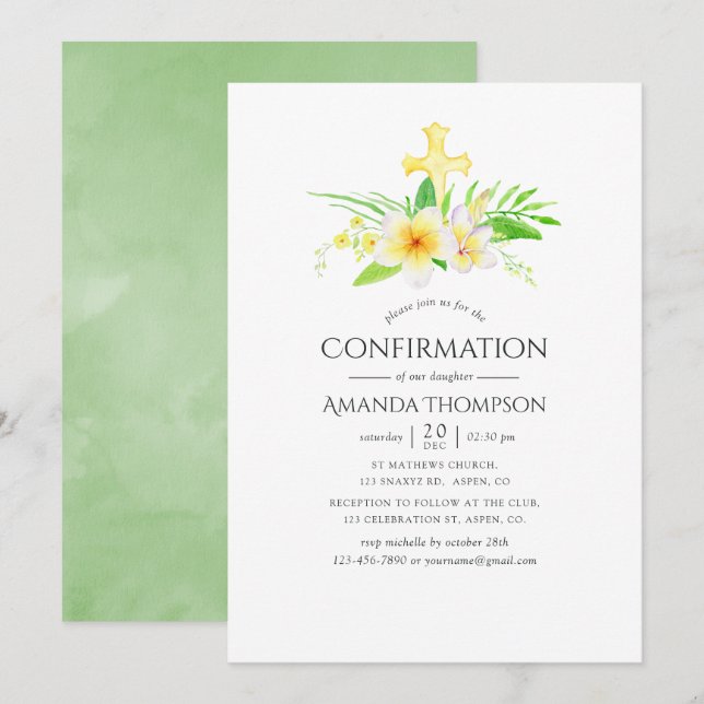 Vattenfärg Frangipani Konfirmation Inbjudningar (Fram/baksida)