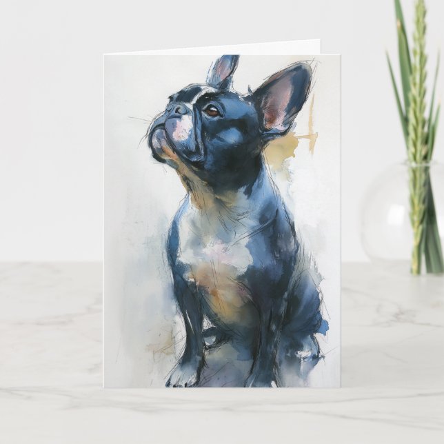 Vattenfärg fransk bulldog sittande kort (Framsida)