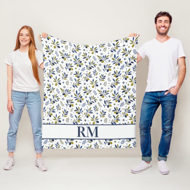 Vattenfärg Fransk Landsbygd Olivmönster Monogram Fleecefilt (På plats)