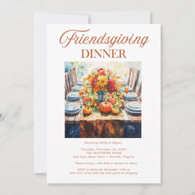 Vattenfärg Friendsgiving Middag | Höst Potluck  Inbjudningar (Framsida)