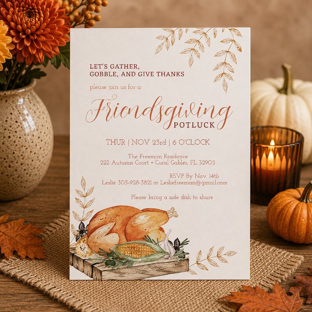 Vattenfärg Friendsgiving Potluck-inbjudan Inbjudningar (Thanksgiving invitation with autumn decor)