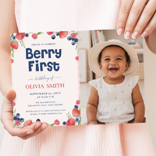 Vattenfärg Frukter Baby Foto Jordgubb Första Födel Inbjudningar