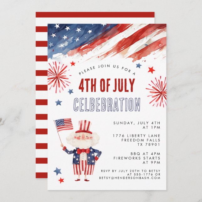 Vattenfärg fyrverkeri fjärde juli grillfest inbjud inbjudningar (Fram/baksida)