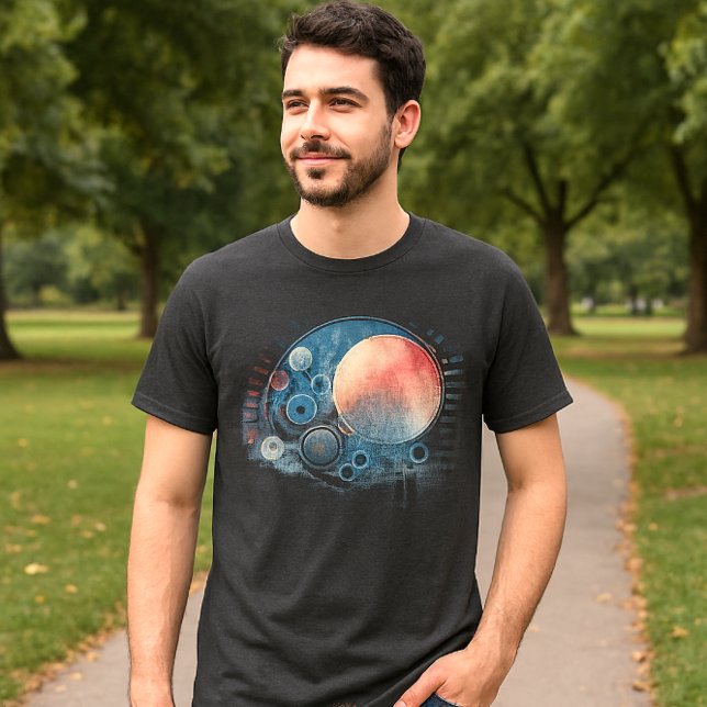 Vattenfärg Galaxy Abstrakt Art Grått T Shirt (Cosmic t-shirt mockup, man in jeans and sneakers, park background, celestial design, casual wear)