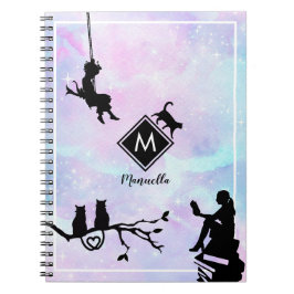 Vattenfärg Galaxy Cat och Girls Monogram Anteckningsbok