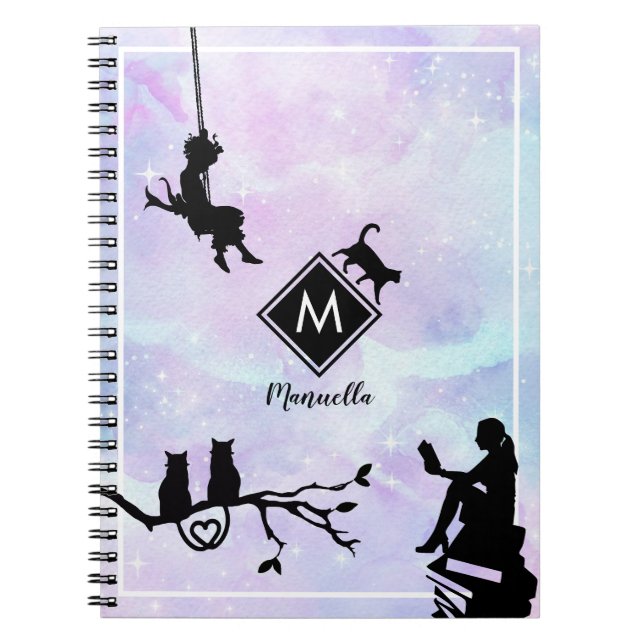 Vattenfärg Galaxy Cat och Girls Monogram Anteckningsbok (Framsidan)