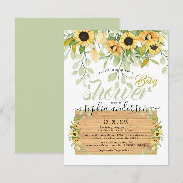 Vattenfärg Garden Sunblommor & Wood Baby-dusch Inbjudningar (Fram/baksida)