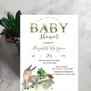 Vattenfärg gårdsdjur Åsna Baby Shower Inbjudningar