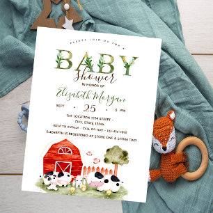 Vattenfärg gårdsdjur kor höns baby shower inbjudningar