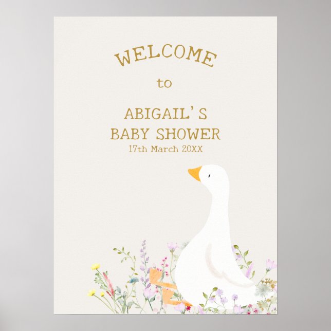 Vattenfärg Gås Blommig Bebisdopp Välkomstskylt Poster (Framsidan)