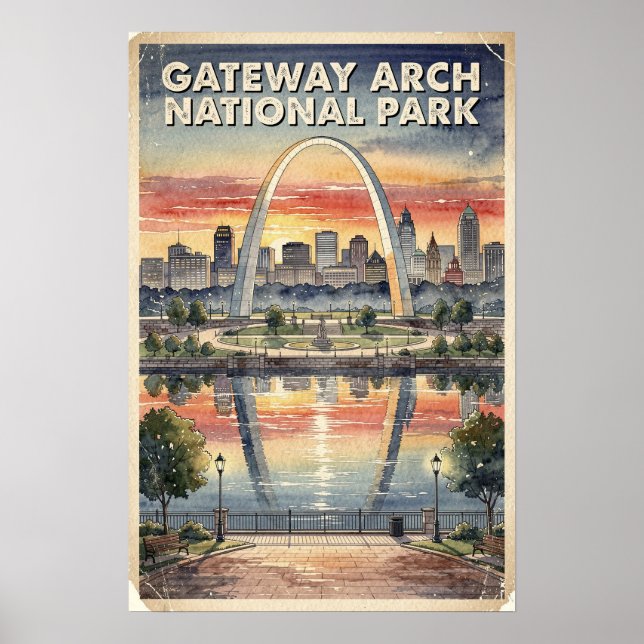 Vattenfärg Gateway Arch National Park Retro Poster (Framsidan)