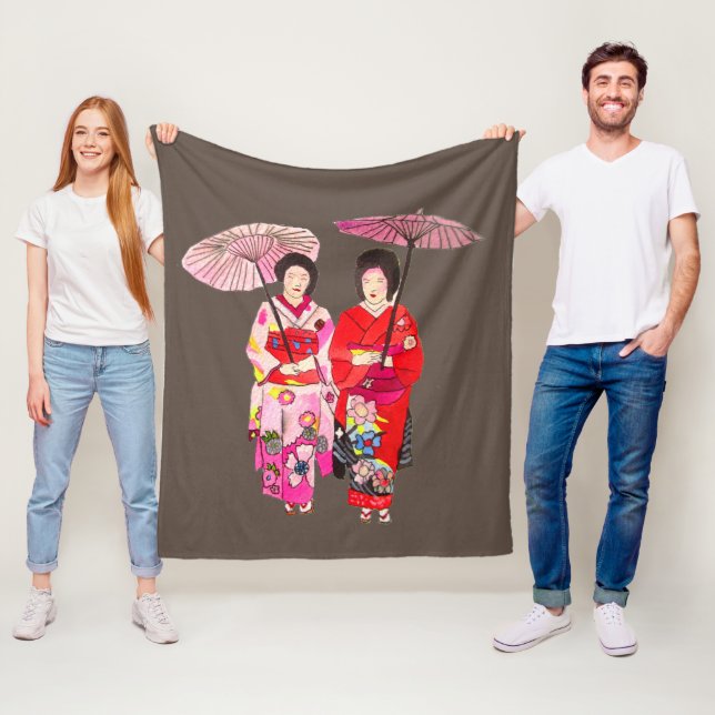 Vattenfärg Geisha med kimono art tema Japan Fleecefilt (På plats)