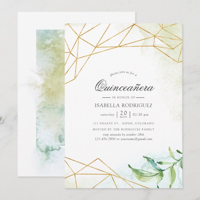 Vattenfärg Geometrisk Crystal Quinceañera Inbjudningar (Fram/baksida)