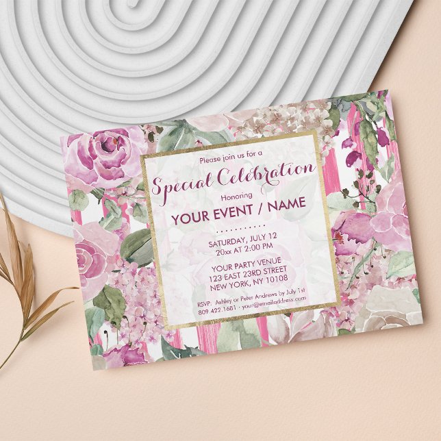 Vattenfärg geometrisk rosa Grön blomster Event Inbjudningar (Watercolor geometric pink Green floral Event Invitation )