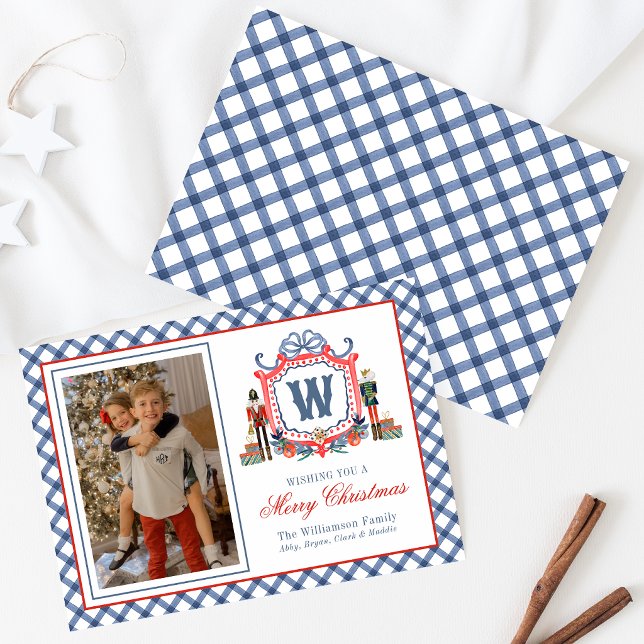 Vattenfärg Gingham Nötknäppare Mus Monogram Krön Julkort (Skapare uppladdad)
