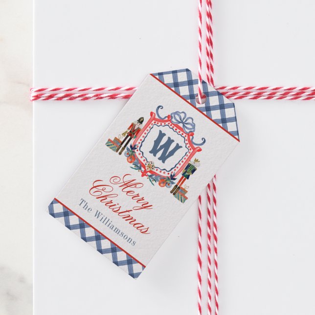 Vattenfärg Gingham Nötknäppare Mus Monogram Krön Presentetikett (Skapare uppladdad)