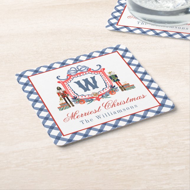 Vattenfärg Gingham Nötknäppare Mus Monogram Krön Underlägg Papper Kvadrat (Vinklad)