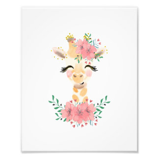 Vattenfärg Giraff med Blommor Foto Print