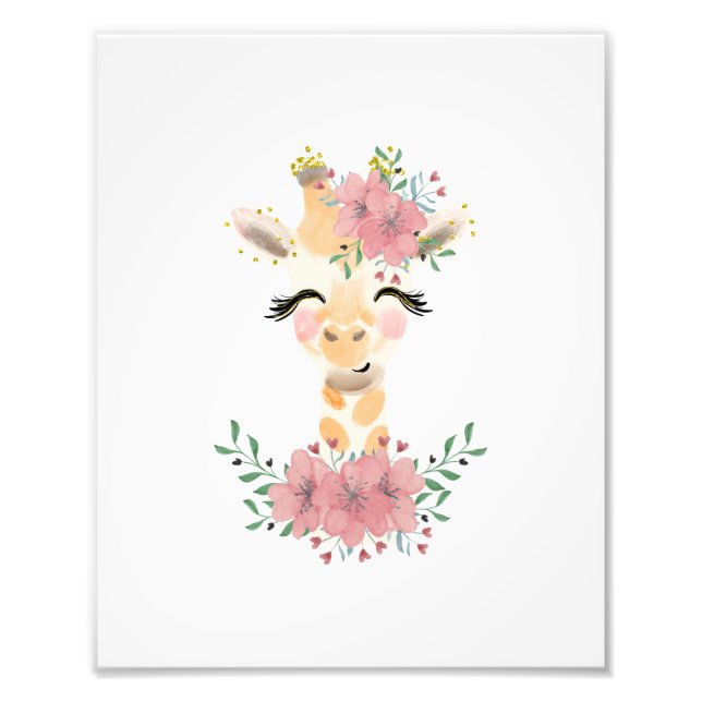 Vattenfärg Giraff med blommotiv Foto Print (Framsidan)