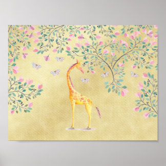 Vattenfärg Giraffe Butterflies och Blommar Poster