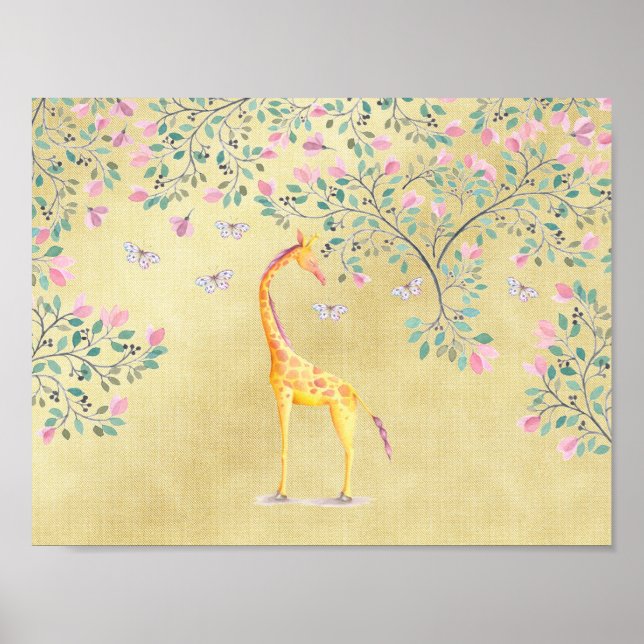Vattenfärg Giraffe Butterflies och Blommar Poster (Framsidan)