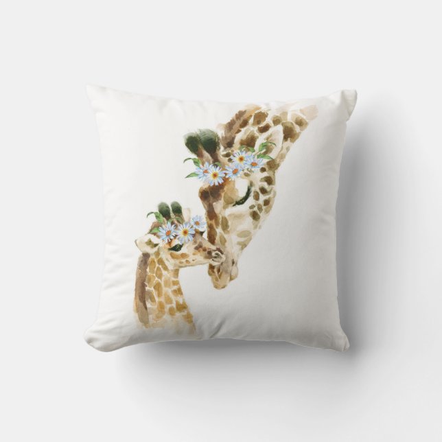 Vattenfärg, Giraffe, Mamma och Baby, babydusch, n Kudde (Framsida)