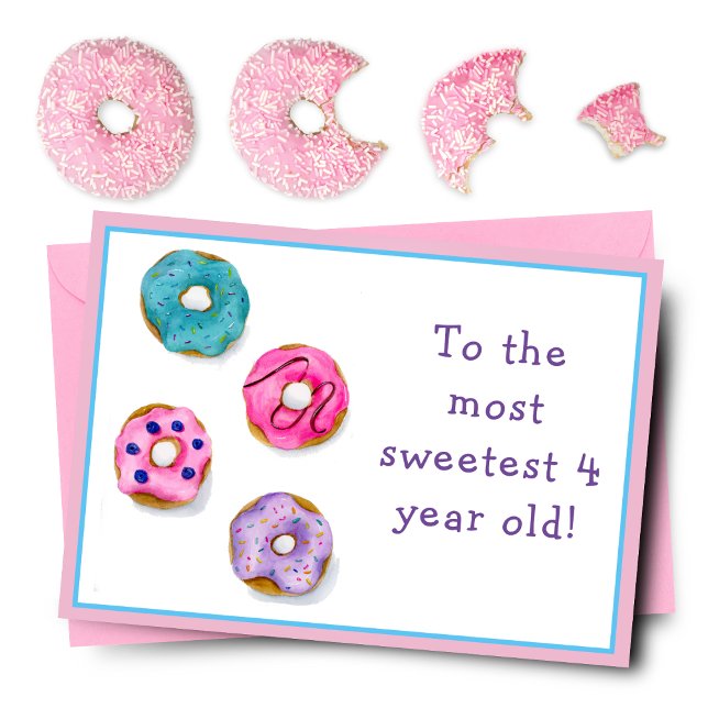 Vattenfärg Glad 4-årsdag Glassade Munkar Kort (Satisfy their sweet tooth with a donut-filled birthday delight! Yum!)