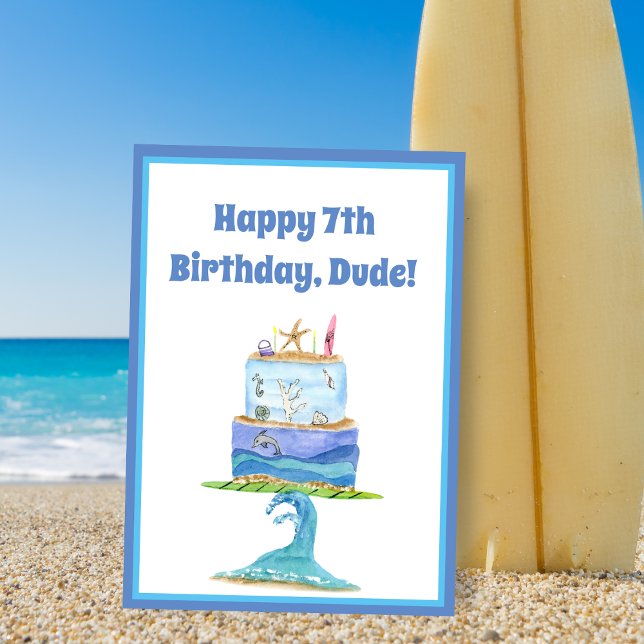 Vattenfärg Glad 7-årsdag Surfar Tårta Kort (Coastal Bliss: Wave-inspired birthday joy for beach-loving, adventurous kids)