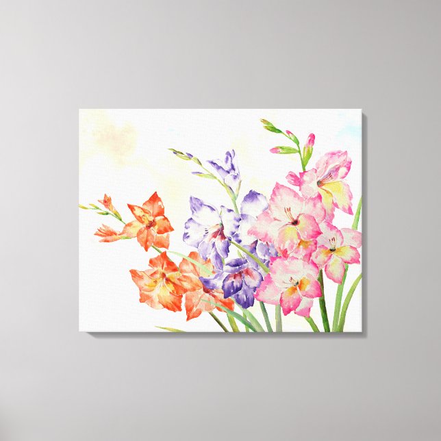 Vattenfärg Gladiolus Rosa, Gult och Lila Canvastryck (Framsida)