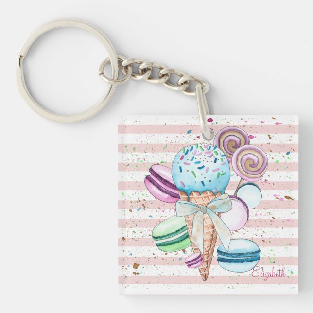Vattenfärg glass, makarons, rosa ränder (Framsidan)