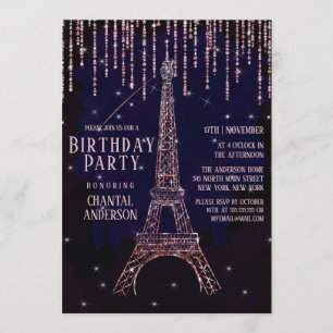 Vattenfärg Glitter Paris Eiffeltornet Födelsedag Inbjudningar