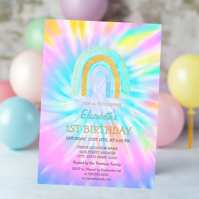 Vattenfärg Glitter Regnbåge Tie Dye Födelsedag Inbjudningar (Skapare uppladdad)