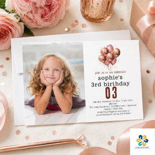 Vattenfärg Glitter Rosa Guld ballong 3-års födelse Inbjudningar