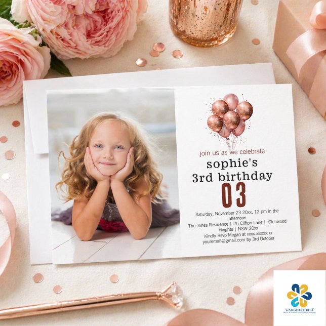 Vattenfärg Glitter Rosa Guld ballong 3-års födelse Inbjudningar (Watercolor Glitter Rose Gold balloon 3rd birthday Invitation)