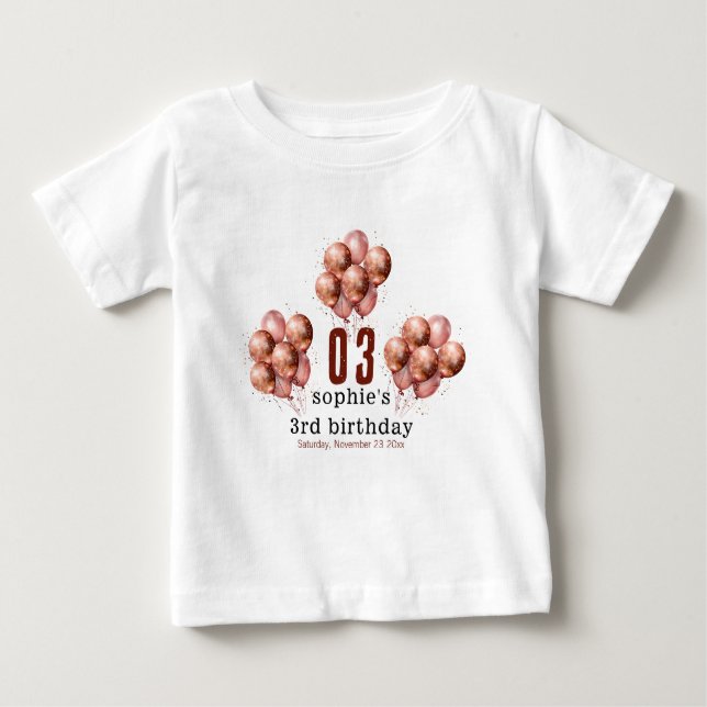 Vattenfärg Glitter Rosa Guld ballong 3-års födelse T Shirt (Framsida)