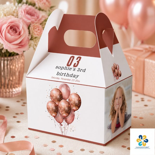 Vattenfärg Glitter Rosa Guld ballong 3-årsdag Presentaskar (Watercolor Glitter Rose Gold balloon 3rd birthday Favor Boxes)