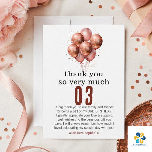 Vattenfärg Glitter Rose Gold ballong 3-årsdag Tack Kort