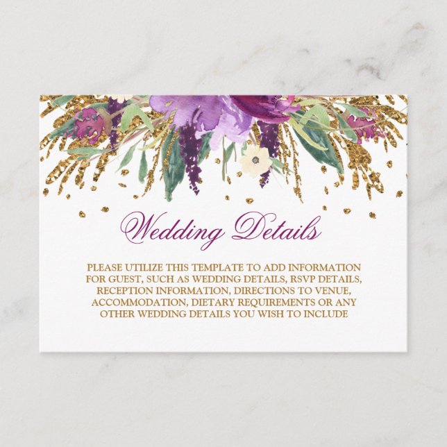 Vattenfärg Gnistrande Amethyst Bröllopsdetaljer Tilläggskort (Framsida)