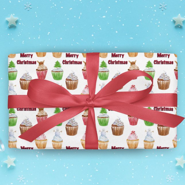 Vattenfärg God Jul Cupcakes Presentpapper (Share sweet moments with Watercolor Merry Christmas Cupcakes Wrapping Paper for joyous gifting.)